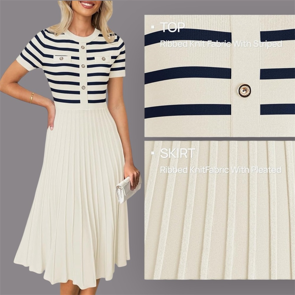 Nautical Stripe crewneck pleated midi dress